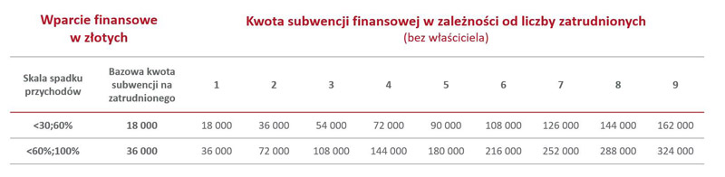 Kwota subwencji finansowej w zależności od liczby zatrudnionych